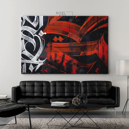 Abstract calligraphy street graffiti wall art, red black white print, luxury office interior design elegant bedroom decor trendy room prints