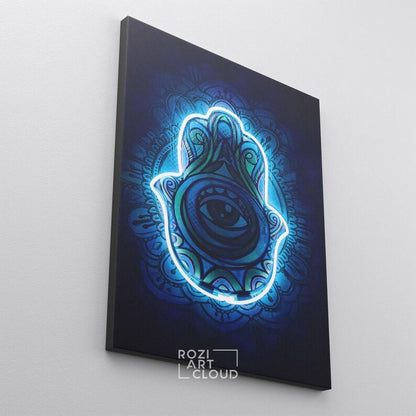 Neon sign hamsa wall art poster print, extra large spiritual decor, abstract blue lights prints, modern home decor