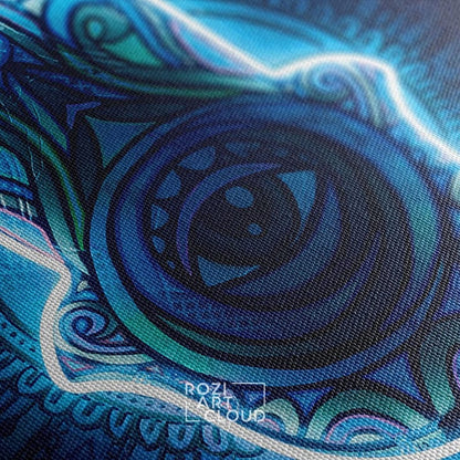 Neon sign hamsa wall art poster print, extra large spiritual decor, abstract blue lights prints, modern home decor