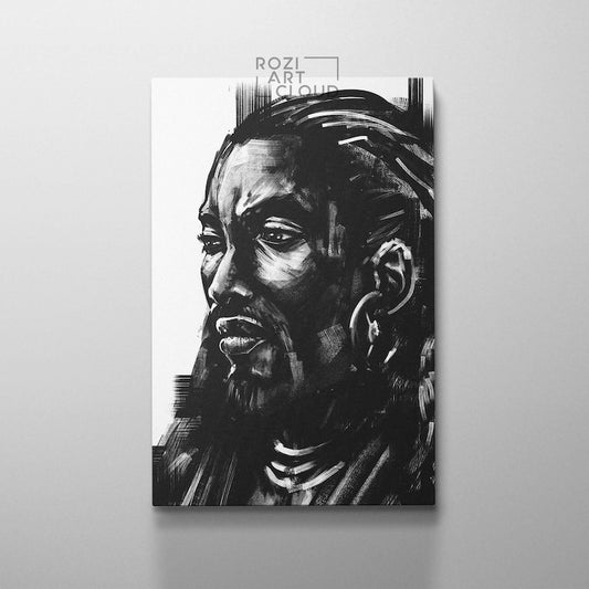 African man portrait illustration, black and white art prints, painting on canvas, man cave decor, modern wall art for living room