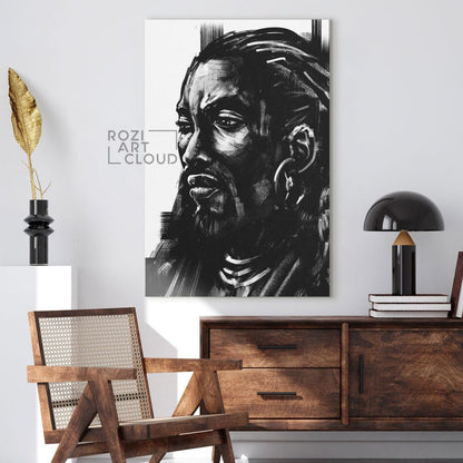 African man portrait illustration, black and white art prints, painting on canvas, man cave decor, modern wall art for living room