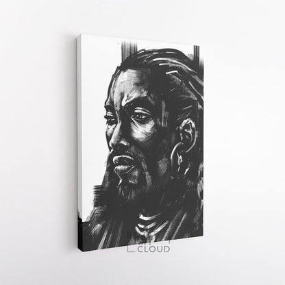 African man portrait illustration, black and white art prints, painting on canvas, man cave decor, modern wall art for living room