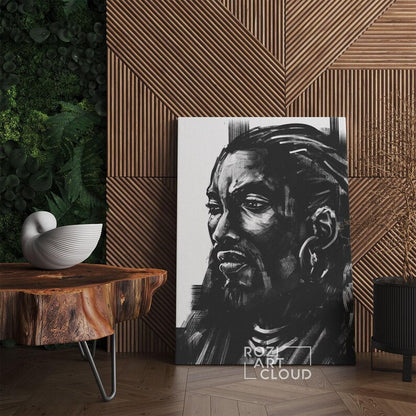 African man portrait illustration, black and white art prints, painting on canvas, man cave decor, modern wall art for living room
