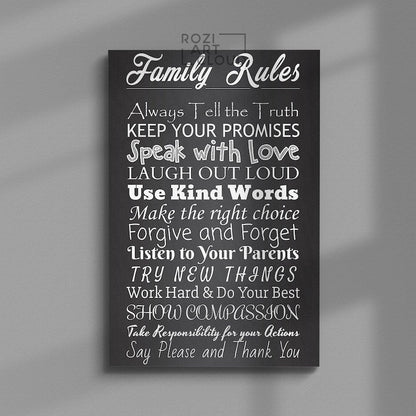 Family rules sign canvas, calligraphy wall decor, black and white art, kitchen interior decor, contemporary art print, home gifts