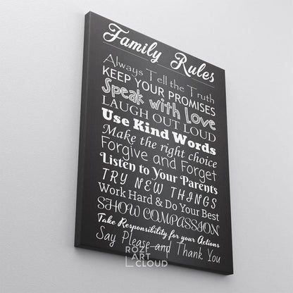 Family rules sign canvas, calligraphy wall decor, black and white art, kitchen interior decor, contemporary art print, home gifts