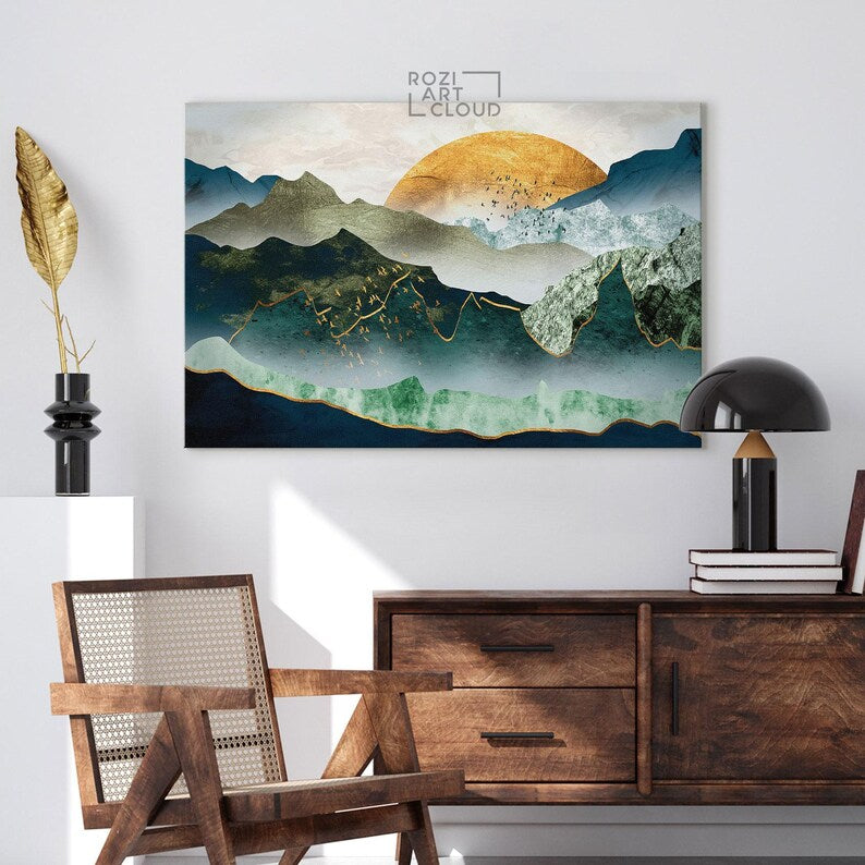 Mountain canvas wall art, sunset curve art prints, contemporary house interior decor, large modern art, best friend gifts