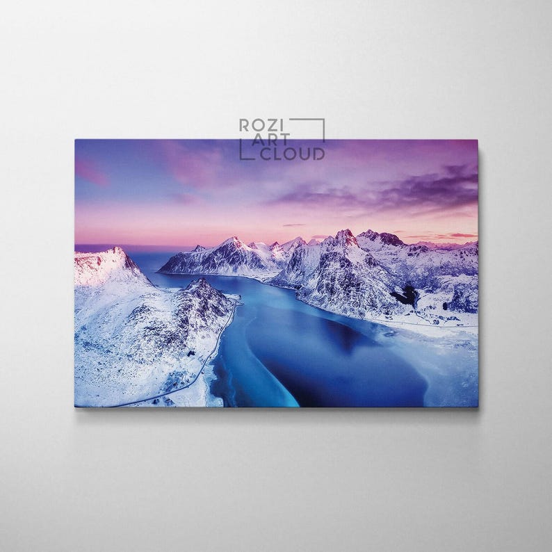 Mountain canvas wall art, norway nature art prints, sunset curve canvas, modern contemporary living room decor, bedroom framed art