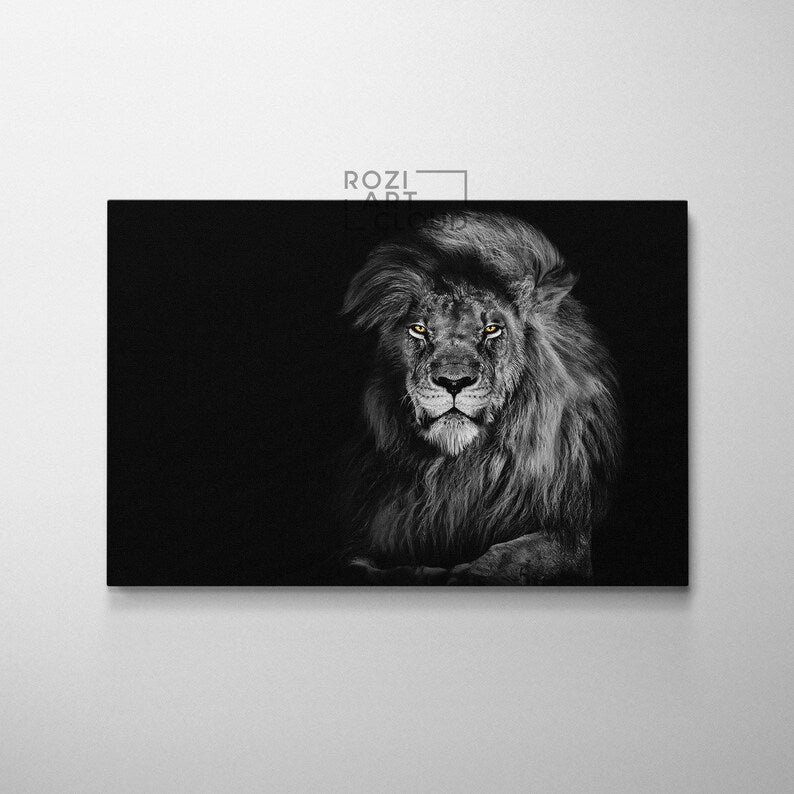 Lion wall art, black canvas print, elegant room decor, animal art print, modern wall art for living room, best friend gifts