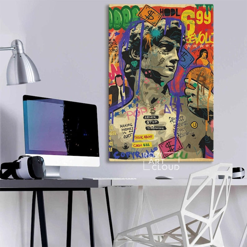 David statue renaissance by michelangelo, trendy graffiti street art, modern retro framed canvas print art, vintage banksy style