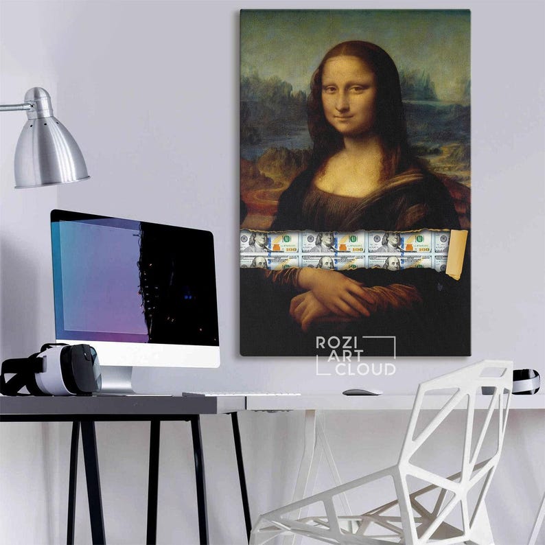 Mona lisa dollar pop art, street art canvas, modern mid century modern poster, framed canvas print for wall decor, man cave artwork