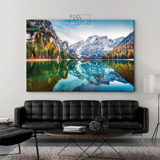 Mountain wall decor, autumn landscape canvas, italy nature art prints, modern contemporary living room decor, lake house decor