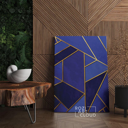 Geometric abstract canvas print, blue and gold abstract minimalist wall art framed canvas print, modern poster print home decor