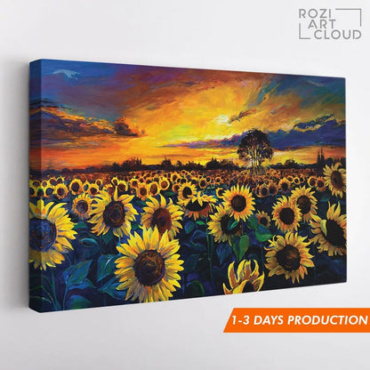 Sunflower decor wall art, sunset art poster, landscape artwork, nature lover gift, large canvas wall art