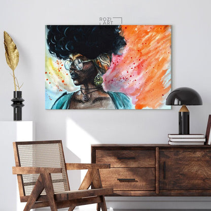 African american black woman wall art, modern extra large abstract colorful canvas poster prints, elegant living room design, modern luxury