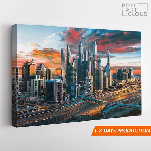 Dubai skyline wall print for living room, emirates canvas art, city poster prints, colorful sunset canvas, landscape prints