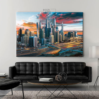 Dubai skyline wall print for living room, emirates canvas art, city poster prints, colorful sunset canvas, landscape prints