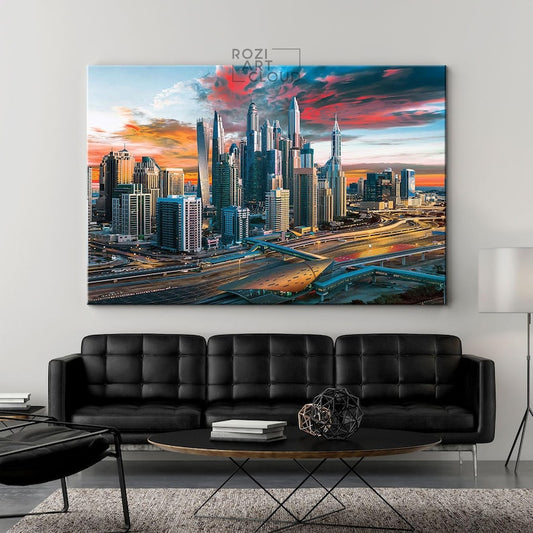 Dubai skyline wall print for living room, emirates canvas art, city poster prints, colorful sunset canvas, landscape prints