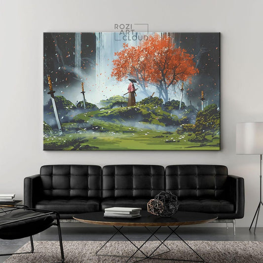 Japanese samurai wall art, nature art prints, modern wall art for living room, landscape canvas prints, best friend gifts