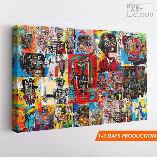 Basquiat canvas print poster, jean michel basquiat, modern collage wall art, street art graffiti wall decor, colorful canvas decor
