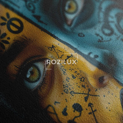 Witchy Woman Art Canvas Print, Gothic Fantasy Portrait with Mystical Symbols, Dark Moody Blue and Yellow Wall Decor