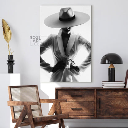 Black woman wall art, classic suit poster prints, fashion artwork for living room, black and white art prints, large modern art