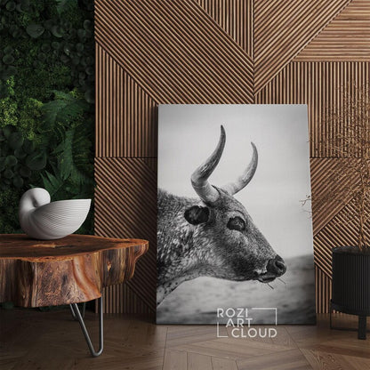 Longhorn cattle canvas print, affordable farmhouse decor, animal wall art, black and white canvas, nature art prints, cow canvas