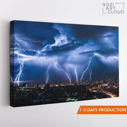 Thunder canvas print, city wall art, night city poster print, cityscape decor, clouds artwork