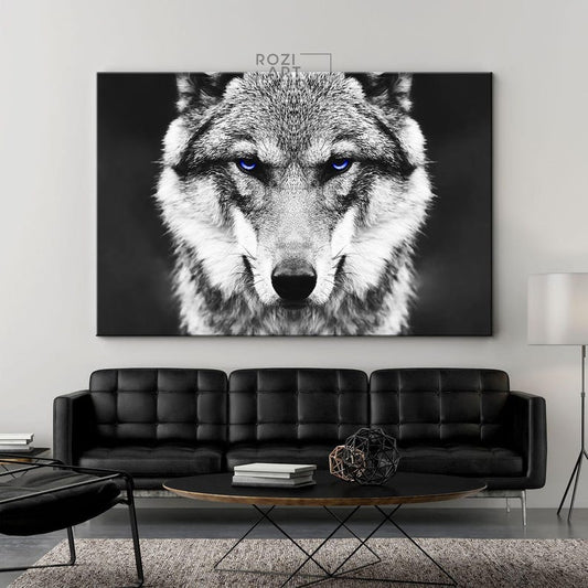 Wolf portrait art, animal wall print, black and white art, farm decor, wild animal canvas print