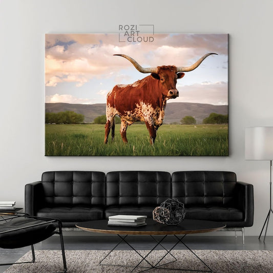 Texas longhorn cattle canvas print, perfect addition to farmhouse wall decor, large canvas print, vintage print, cow on canvas