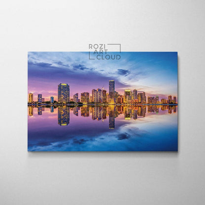 Miami florida skyline wall art, travel poster decor, panoramic canvas print, sunset view art, miami canvas art, florida wall art