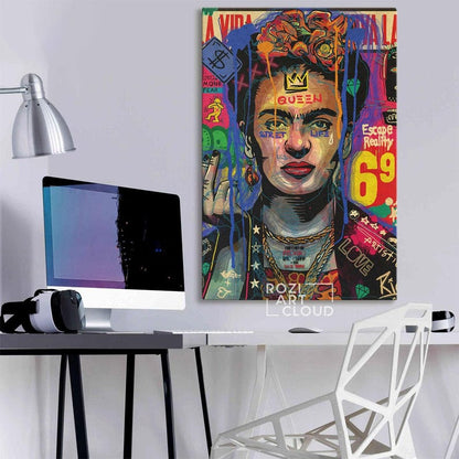 Frida kahlo print, pop culture art poster, woman portrait wall decor, mixmedia style wall art, mid century modern framed canvas, extra large