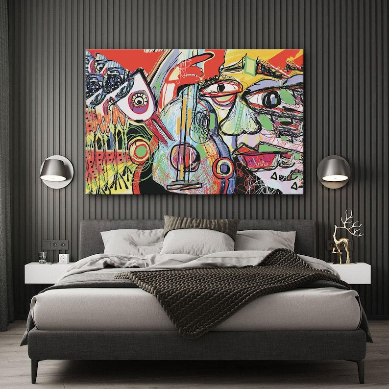 Pablo picasso style abstract wall art print, framed extra large modern contemporary art, mid century wall decor for living room,