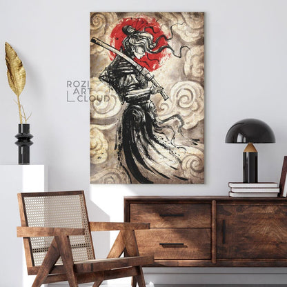 Japanese samurai girl, katana art prints, red and black illustration, vintage canvas art, modern wall art for living room
