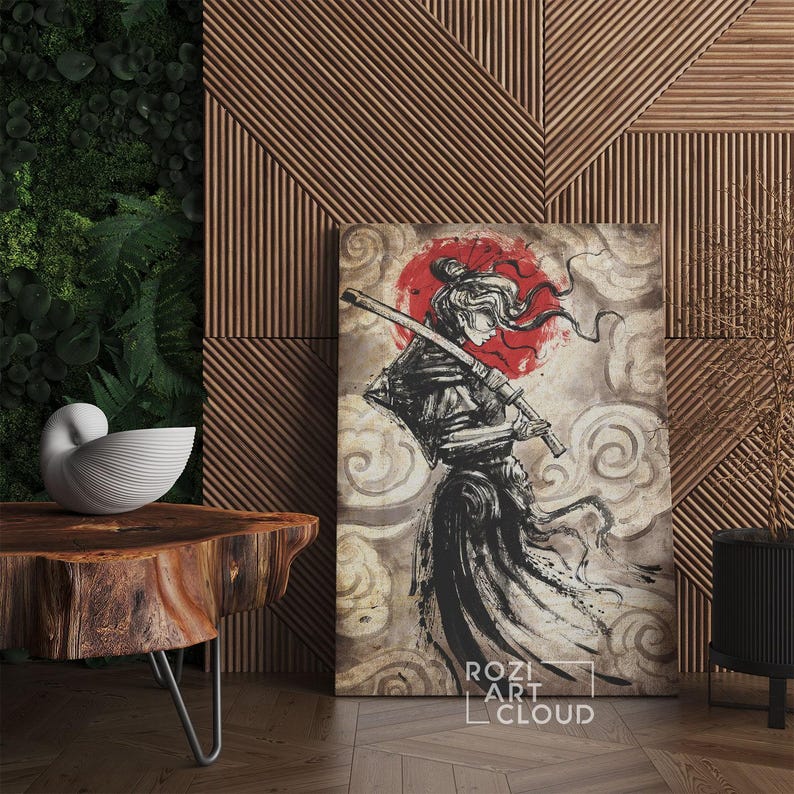 Japanese samurai girl, katana art prints, red and black illustration, vintage canvas art, modern wall art for living room