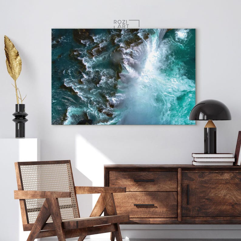 Turquoise ocean wave wall art prints, blue ocean canvas, modern artwork prints, framed extra large wall art for living room