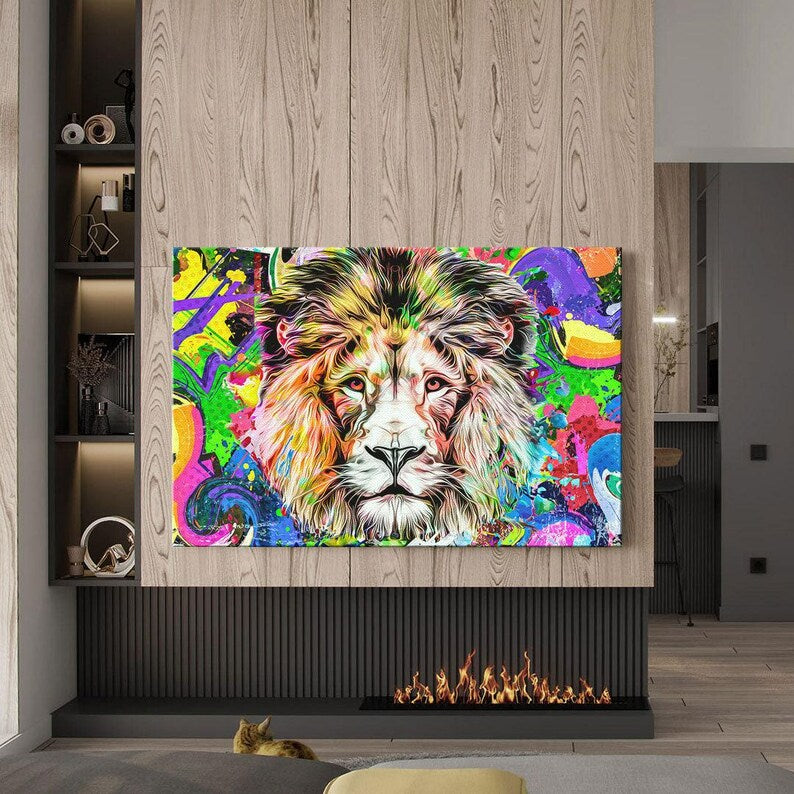 Lion abstract wall art, colorful canvas print, animal art print, large modern art, wall decor living room, best friend gifts