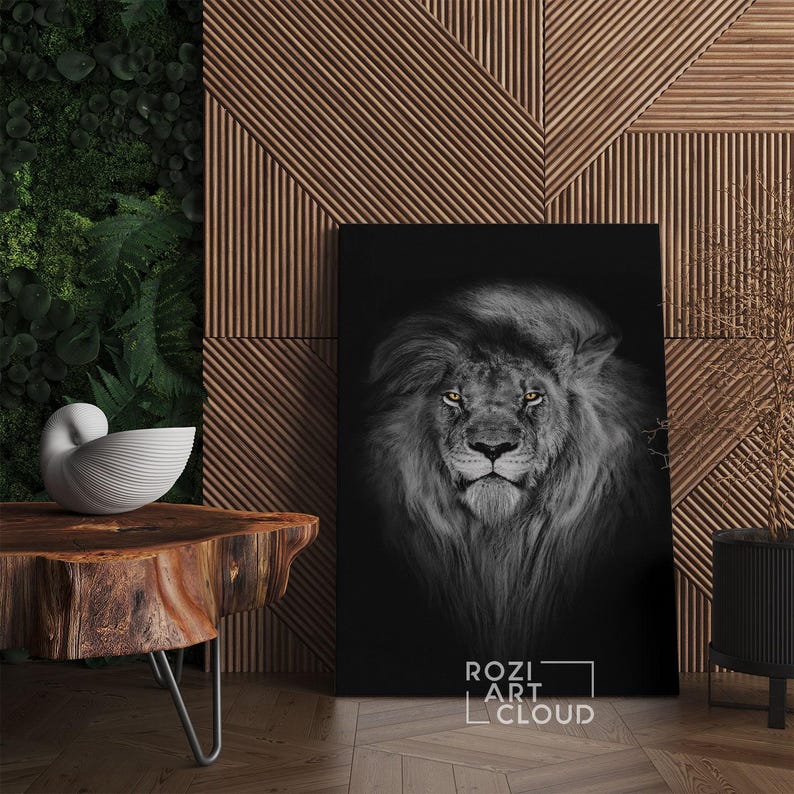 Lion wall art, black and white canvas print, modern wall art for living room, animal art print, friend gifts, elegant room decor