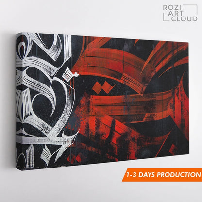 Abstract calligraphy street graffiti wall art, red black white print, luxury office interior design elegant bedroom decor trendy room prints
