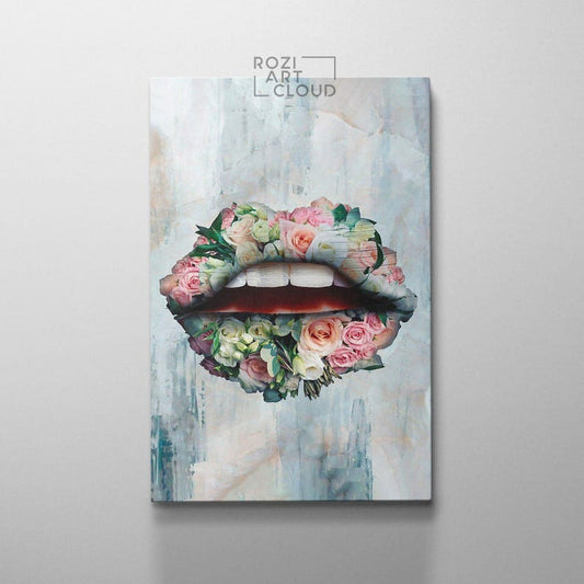 Abstract floral colorful lips art, modern home office decor, anniversary girlfriend gift, luxury poster prints