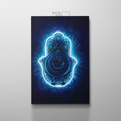 Neon sign hamsa wall art poster print, extra large spiritual decor, abstract blue lights prints, modern home decor