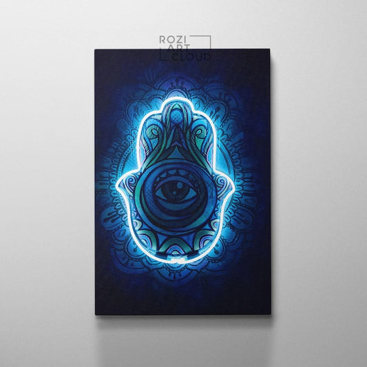 Neon sign hamsa wall art poster print, extra large spiritual decor, abstract blue lights prints, modern home decor