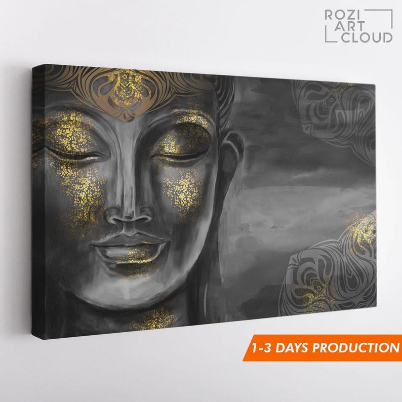 Spiritual buddha statue wall art, zen wall decor, digital art collage, contemporary print, painting on canvas, modern art