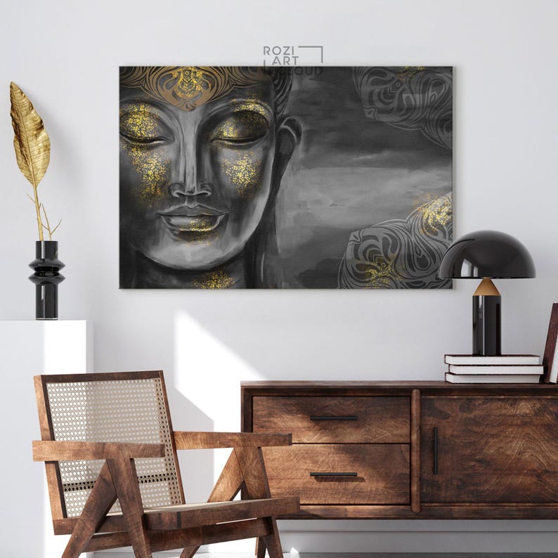 Spiritual buddha statue wall art, zen wall decor, digital art collage, contemporary print, painting on canvas, modern art