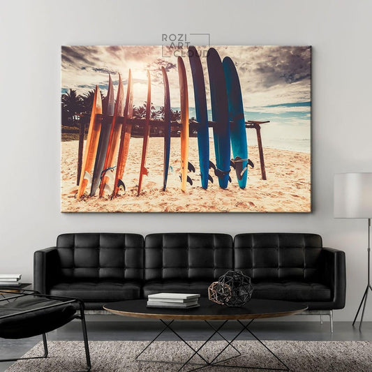 Beach wall art, surf art print, golden sun wall decor, summer modern artwork, landscape art canvas, large wall art for living room