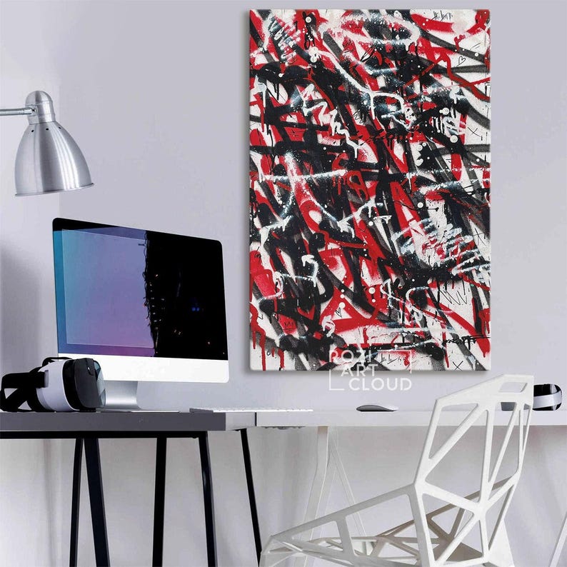 Street art graffiti, abstract art, black white red wall art, artistic gifts, mid century modern posters, contemporary art printables