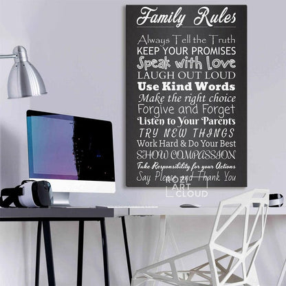Family rules sign canvas, calligraphy wall decor, black and white art, kitchen interior decor, contemporary art print, home gifts