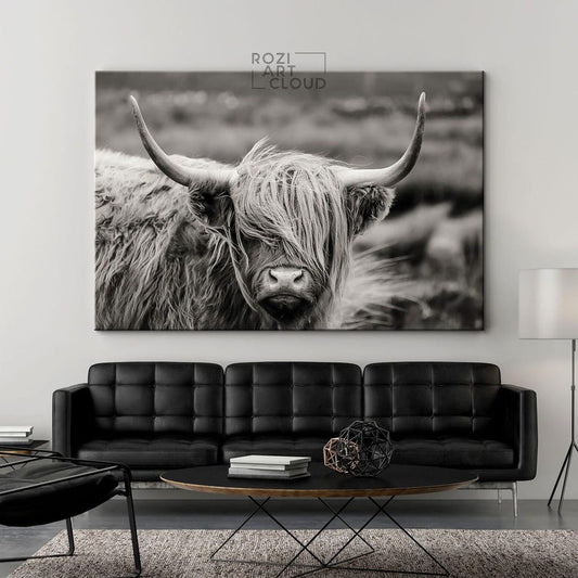 Texas longhorn cattle canvas print, cow on canvas, farmhouse wall decoration, extra large canvas print, vintage print, home & office