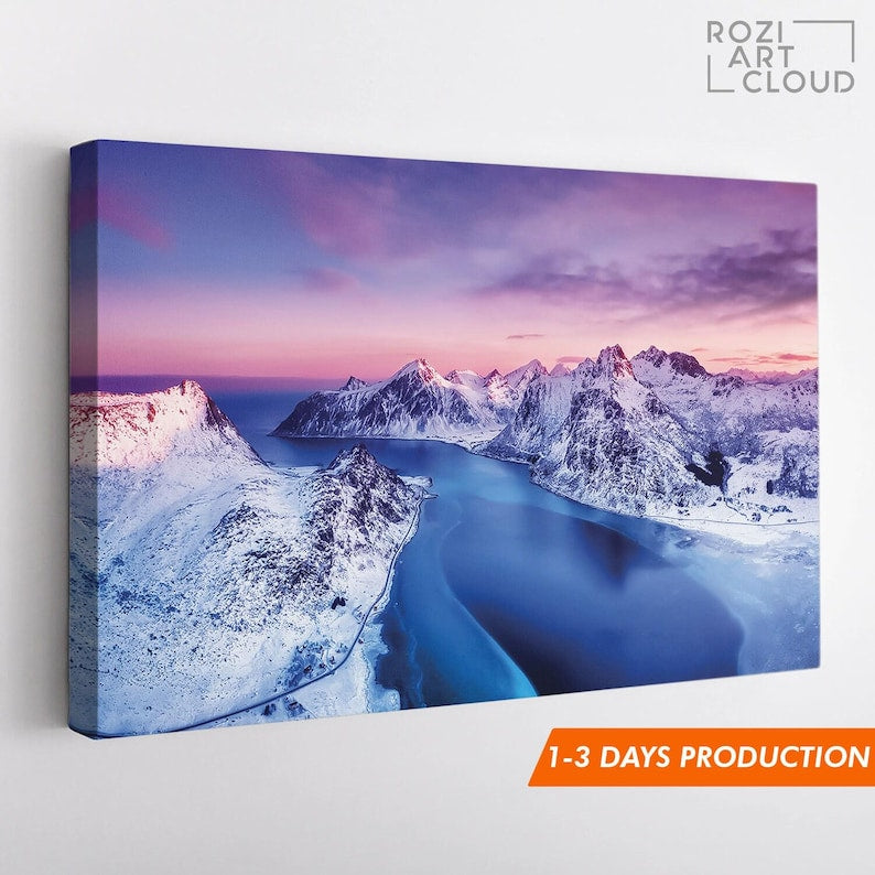 Mountain canvas wall art, norway nature art prints, sunset curve canvas, modern contemporary living room decor, bedroom framed art