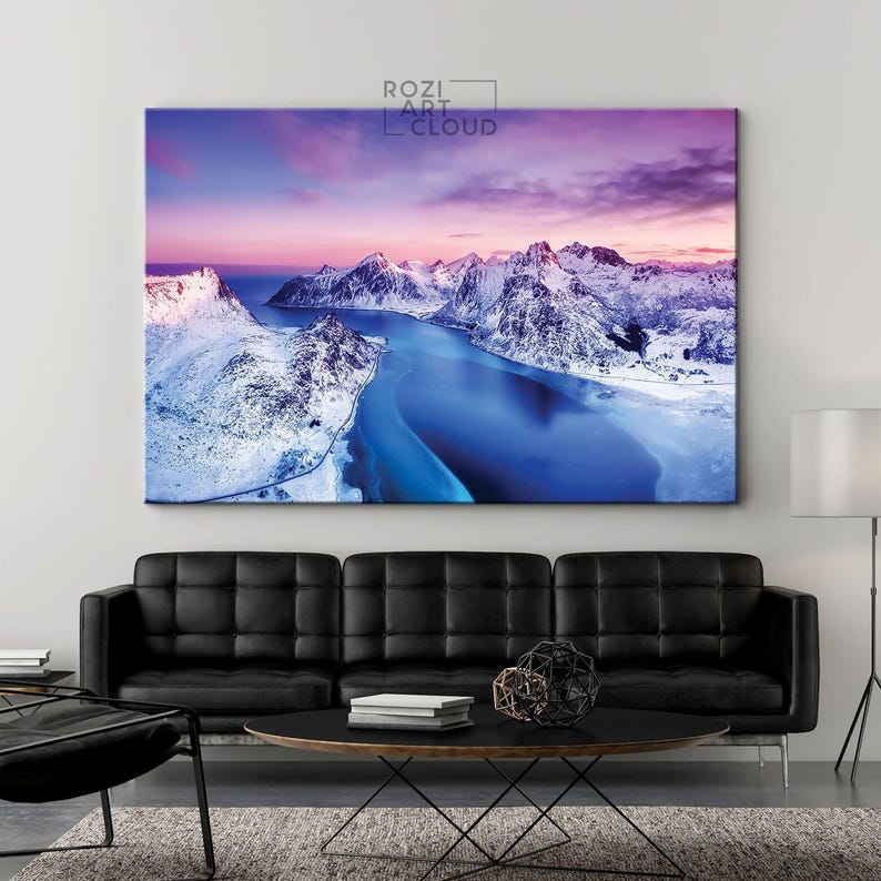 Mountain canvas wall art, norway nature art prints, sunset curve canvas, modern contemporary living room decor, bedroom framed art