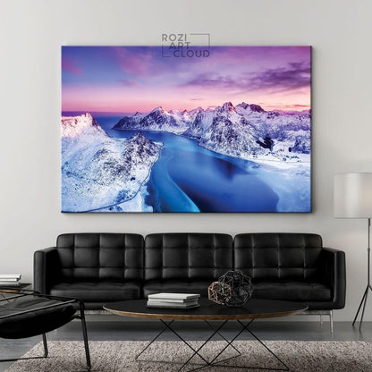 Mountain canvas wall art, norway nature art prints, sunset curve canvas, modern contemporary living room decor, bedroom framed art